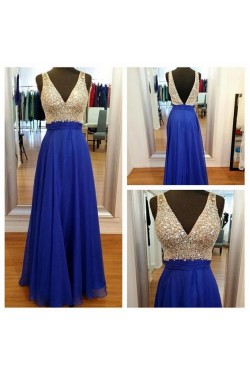 A-Line V-Neck Long Blue Beaded Prom Formal Evening Party Dresses 3020988