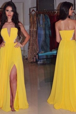 A-Line Long Yellow Chiffon Prom Formal Evening Party Dresses 3020989