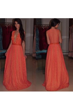 Deep V-Neck Lace Prom Formal Evening Party Dresses 3020991