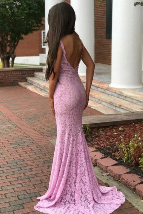 Inexpensive Mermaid Long Pink Lace Prom Dresses Evening Gowns 601004