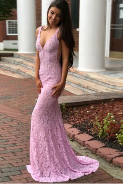Inexpensive Mermaid Long Pink Lace Prom Dresses Evening Gowns 601004
