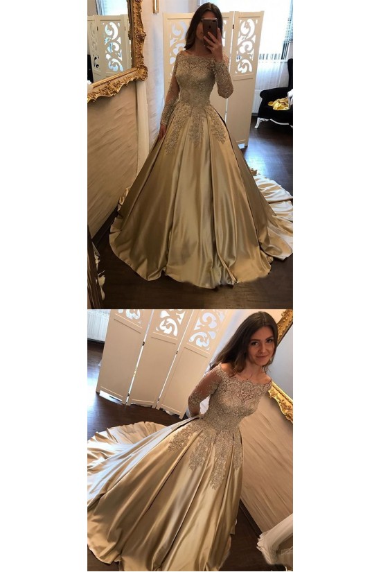 Elegant Long Sleeves Lace Prom Dresses Ball Gown Evening Gowns 601005