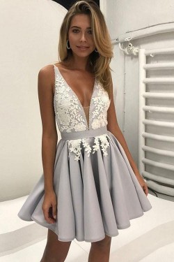 A-Line Short V-Neck Lace Appliques Prom Dresses Homecoming Dresses 601007
