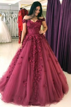 Affordable Ball Gown Lace Prom Dresses Off-the-Shoulder Evening Gowns 601009