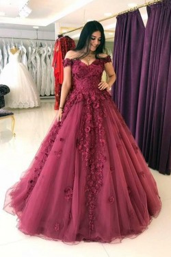 Affordable Ball Gown Lace Prom Dresses Off-the-Shoulder Evening Gowns 601009