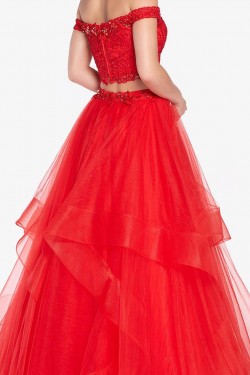 Inexpensive Two Pieces Prom Dresses Long Red Lace Prom Dresses Evening Gowns 601012