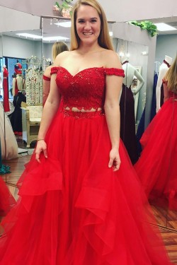 Inexpensive Two Pieces Prom Dresses Long Red Lace Prom Dresses Evening Gowns 601012