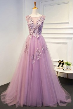 Elegant A-Line Tulle Long Prom Dresses Evening Gowns 601013