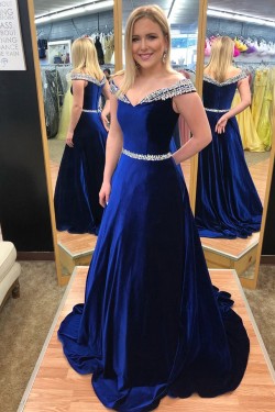 Amazing A-Line Beaded Long Prom Dresses Off-the-Shoulder Evening Gowns 601014