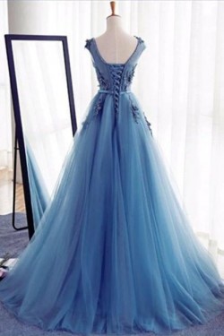 A-Line Long Blue Lace Prom Dresses Formal Evening Dresses 601015