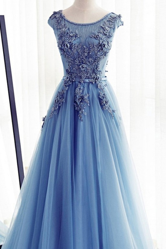 A-Line Long Blue Lace Prom Dresses Formal Evening Dresses 601015 A-Line Long Blue Lace Prom Dresses Formal Evening Dresses 601015