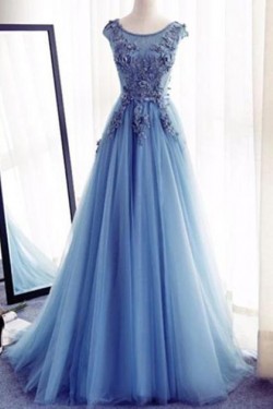 A-Line Long Blue Lace Prom Dresses Formal Evening Dresses 601015