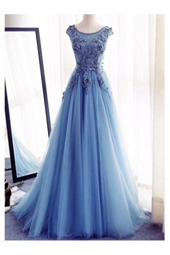 A-Line Long Blue Lace Prom Dresses Formal Evening Dresses 601015 A-Line Long Blue Lace Prom Dresses Formal Evening Dresses 601015