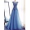A-Line Long Blue Lace Prom Dresses Formal Evening Dresses 601015