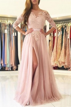 Elegant Lace Aappliques and Tulle 3/4 Length Sleeves Long Prom Dresses Formal Evening Dresses 601016