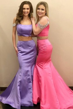 Mermaid Two Pieces Beaded Satin Long Prom Dresses Formal Evening Dresses 601017