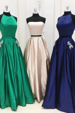 A-Line Two Pieces Beaded Long Prom Dresses Formal Evening Dresses with Pocket 601018