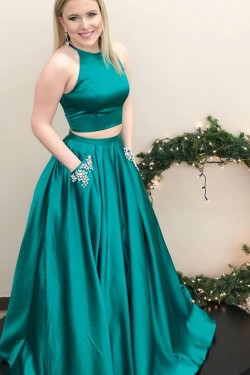 A-Line Two Pieces Beaded Long Prom Dresses Formal Evening Dresses with Pocket 601018