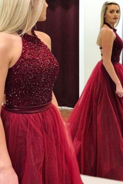 Ball Gown Hatler Beaded Long Burgundy Prom Dresses Formal Evening Dresses 601019