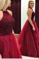 Ball Gown Hatler Beaded Long Burgundy Prom Dresses Formal Evening Dresses 601019