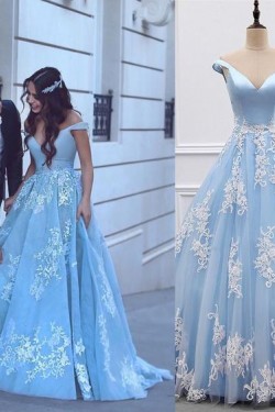 Ball Gown Lace Off-the-Shoulder Long Blue Prom Dresses Formal Evening Dresses 601023