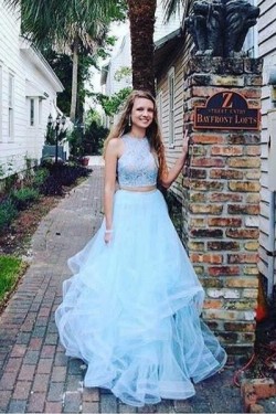 Elegant Two Pieces Light Blue Lace Tulle Long Prom Dresses Formal Evening Dresses 601024