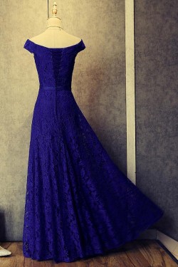 A-Line Lace Long Blue Prom Dresses Formal Evening Dresses 601026