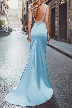 Long Blue Beaded Backless Mermaid Prom Dresses Formal Evening Dresses 601027