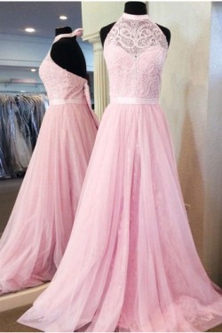 A-Line Halter Long Pink Lace Prom Dresses Formal Evening Dresses 601028