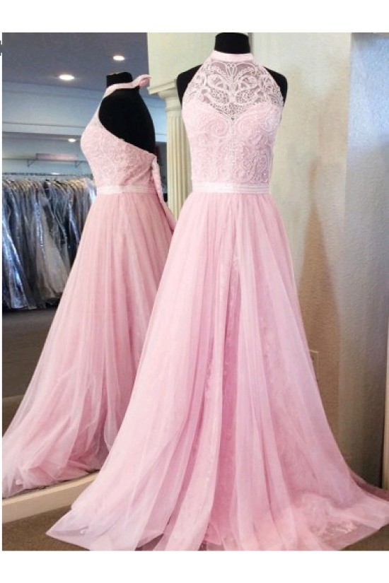 A-Line Halter Long Pink Lace Prom Dresses Formal Evening Dresses 601028 A-Line Halter Long Pink Lace Prom Dresses Formal Evening Dresses 601028