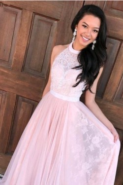 A-Line Halter Long Pink Lace Prom Dresses Formal Evening Dresses 601028