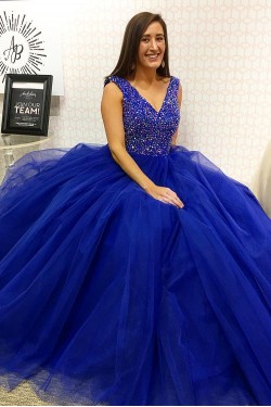 Ball Gown Beaded V-Neck Long Prom Dresses Formal Evening Dresses 601031