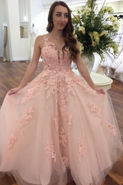 Long Pink Lace Tulle Prom Dresses Formal Evening Dresses 601032