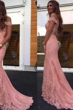 Mermaid Long Pink Lace Off-the-Shoulder Prom Dresses Formal Evening Dresses 601033
