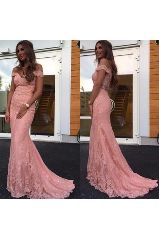 Mermaid Long Pink Lace Off-the-Shoulder Prom Dresses Formal Evening Dresses 601033