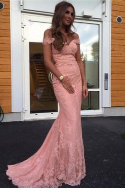 Mermaid Long Pink Lace Off-the-Shoulder Prom Dresses Formal Evening Dresses 601033