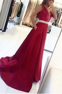 A-Line Beaded V-Neck Long Prom Dresses Formal Evening Dresses 601035