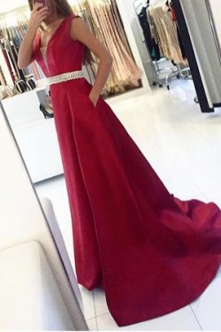 A-Line Beaded V-Neck Long Prom Dresses Formal Evening Dresses 601035