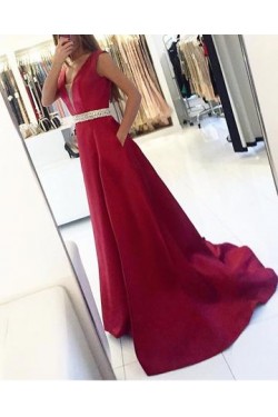 A-Line Beaded V-Neck Long Prom Dresses Formal Evening Dresses 601035