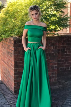 Two Pieces Long Green Beaded Prom Dresses Formal Evening Dresses 601037