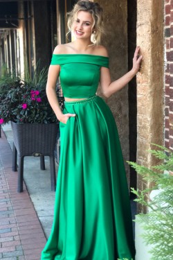 Two Pieces Long Green Beaded Prom Dresses Formal Evening Dresses 601037