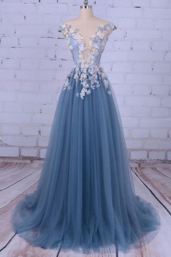 Long Lace and Tulle Prom Dresses Formal Evening Dresses with Flowers 601039
