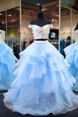Blue and White Two Pieces Lace Tulle Long Prom Dresses Formal Evening Dresses 601040