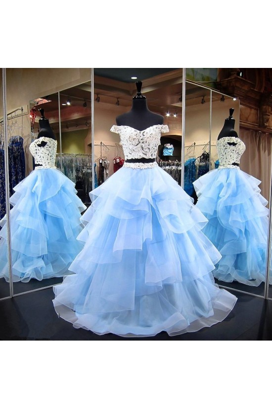 Blue and White Two Pieces Lace Tulle Long Prom Dresses Formal Evening Dresses 601040