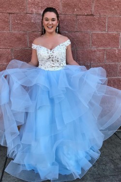 Blue and White Two Pieces Lace Tulle Long Prom Dresses Formal Evening Dresses 601040