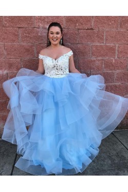 Blue and White Two Pieces Lace Tulle Long Prom Dresses Formal Evening Dresses 601040