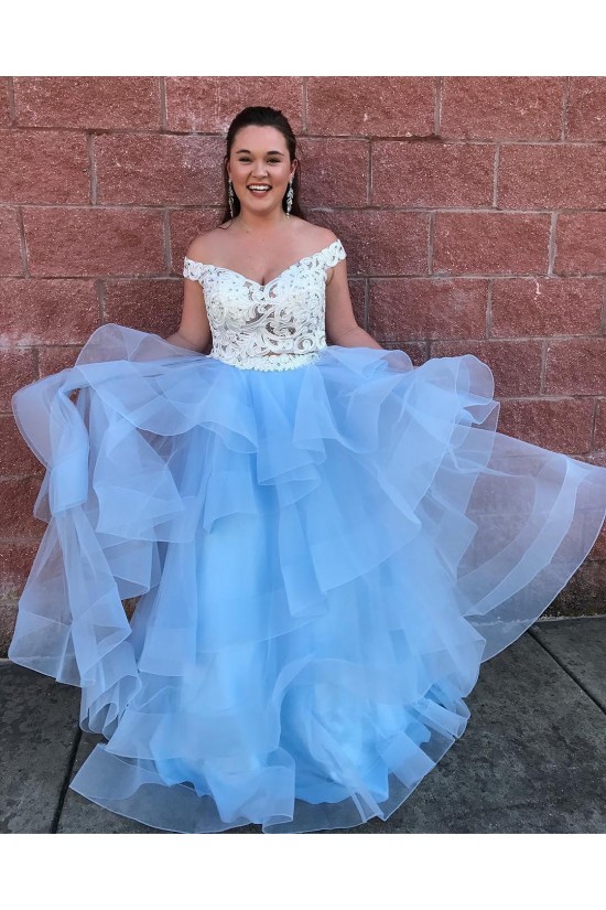 Blue and White Two Pieces Lace Tulle Long Prom Dresses Formal Evening Dresses 601040