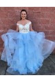 Blue and White Two Pieces Lace Tulle Long Prom Dresses Formal Evening Dresses 601040