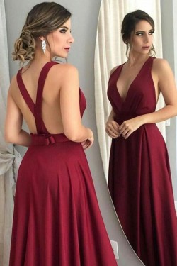 A-Line V-Neck Long Burgundy Prom Dresses Formal Evening Dresses 601042