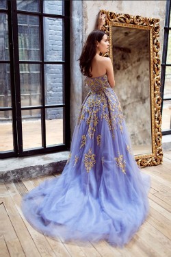 Ball Gown Tulle Gold Lace Appliques Long Prom Dresses Formal Evening Dresses 601044